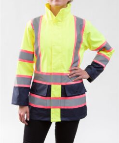 Alternative view of Utility Pro UHV825 Women's Class 2 Rain Jacket, Lime/Navy with Pink Trimmed Reflective Striping
